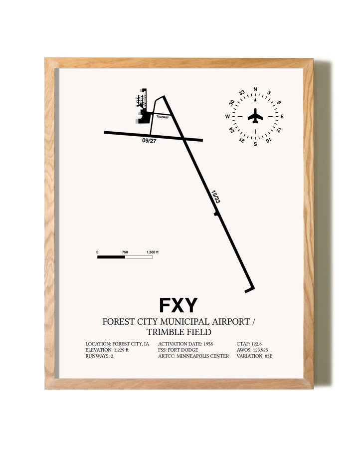 Forest City Municipal Airport / Trimble Field framed print in natural wood frame