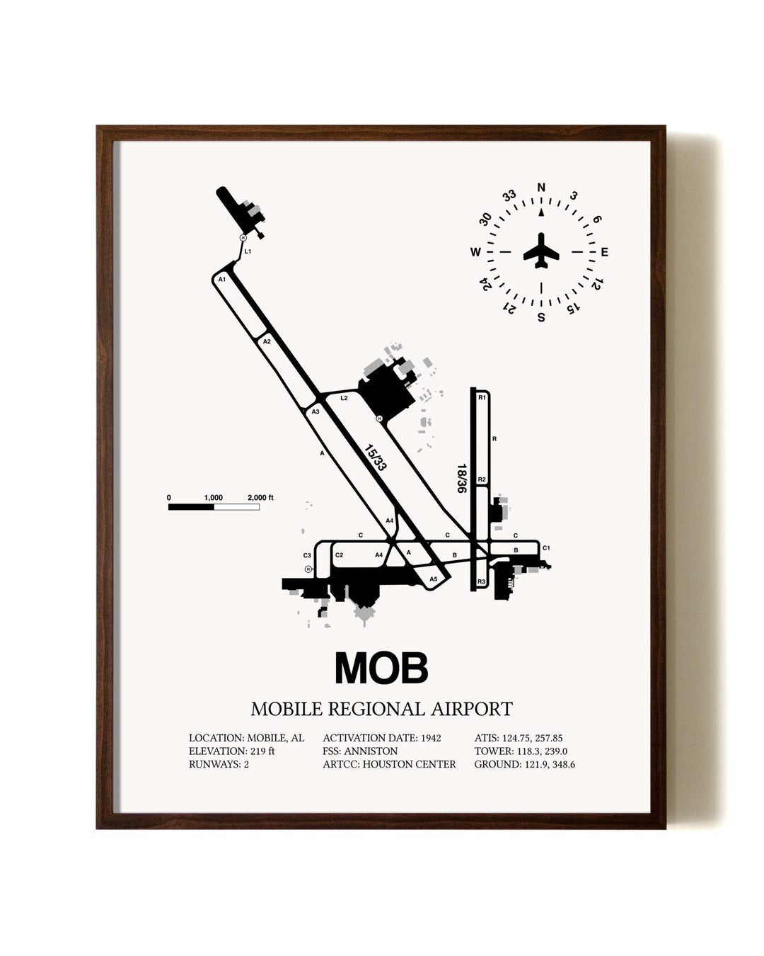 Mobile Regional Airport aviation print in walnut frame