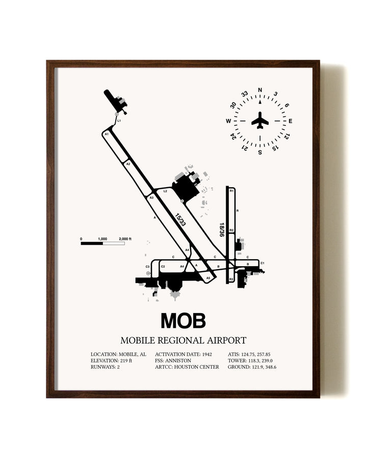 Mobile Regional Airport aviation print in walnut frame