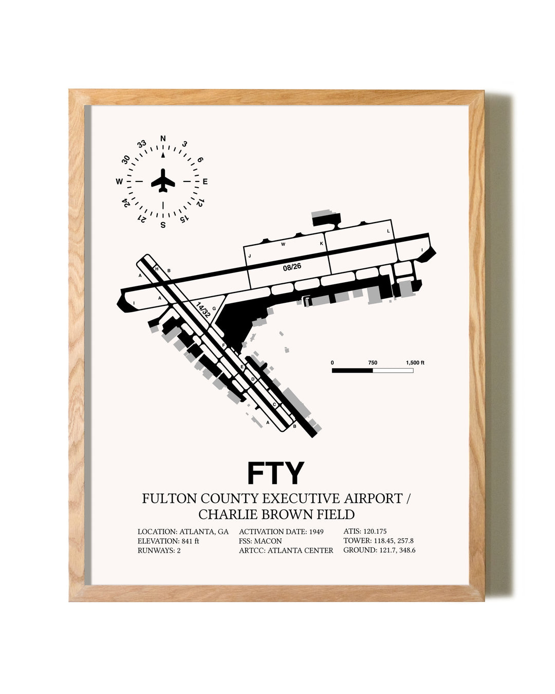 Fulton County Executive Airport / Charlie Brown Field framed print in natural wood frame
