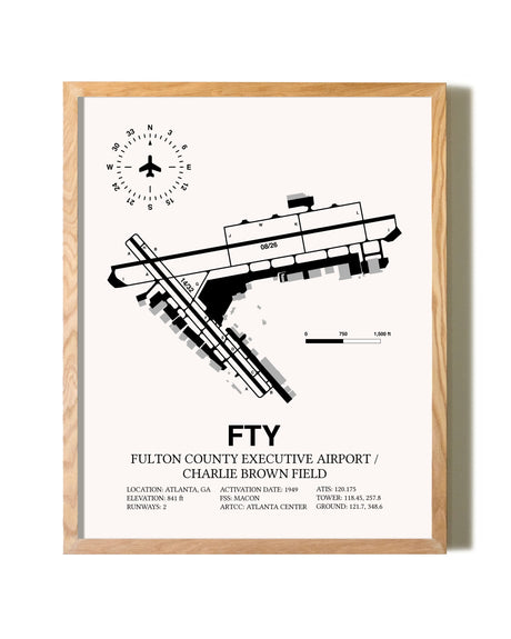 Fulton County Executive Airport / Charlie Brown Field framed print in natural wood frame