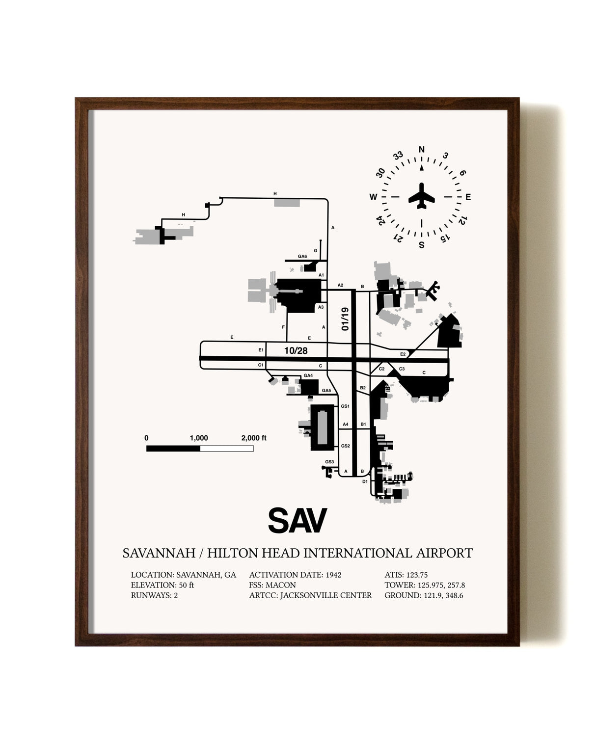 Savannah / Hilton Head International Airport aviation print in walnut frame