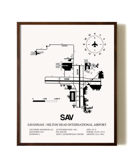 Savannah / Hilton Head International Airport aviation print in walnut frame