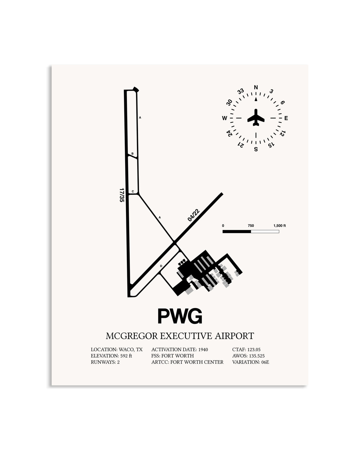 Gray McGregor Executive Airport framed poster displayed in an airplane hangar