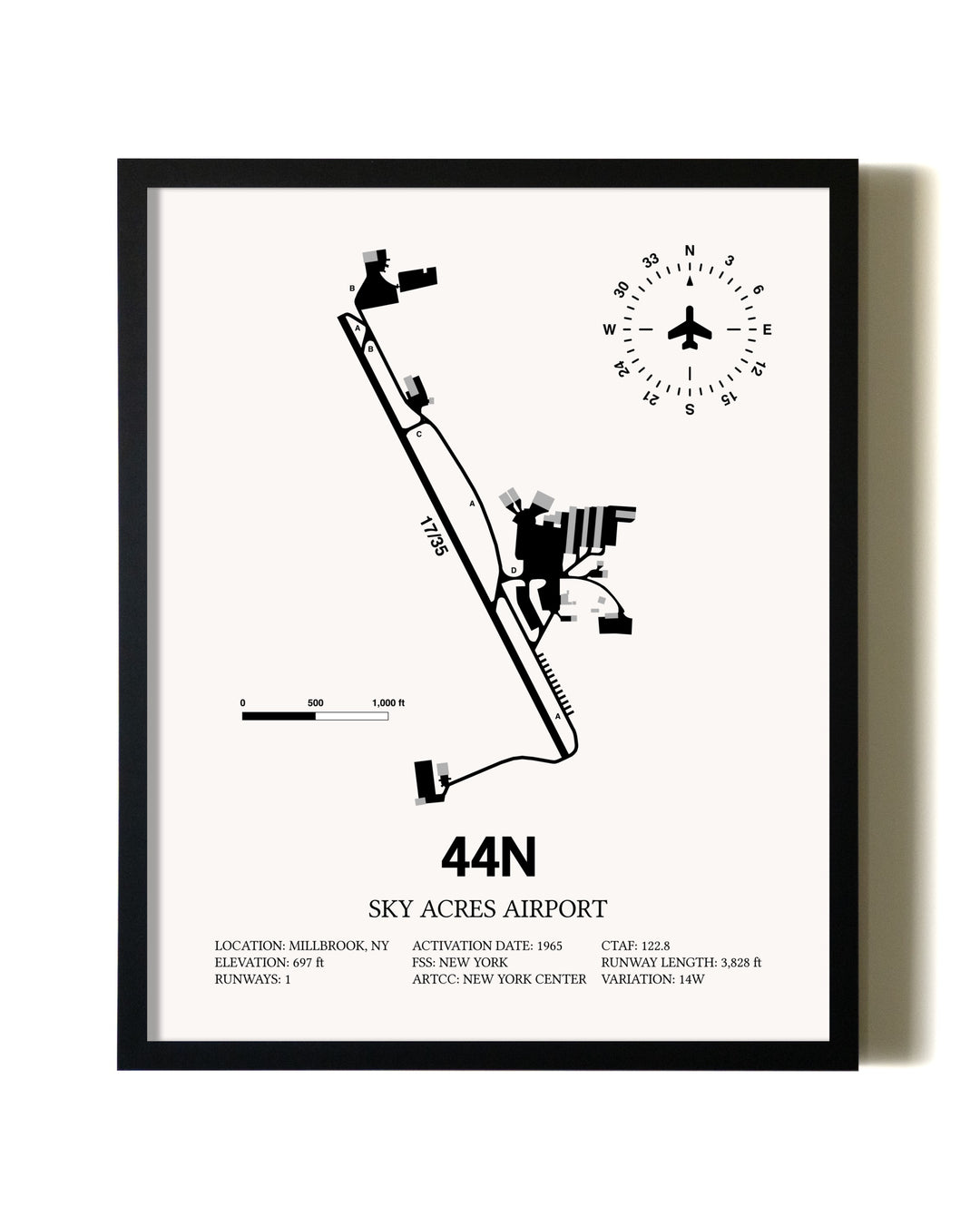 Framed Sky Acres Airport wall art poster in black frame