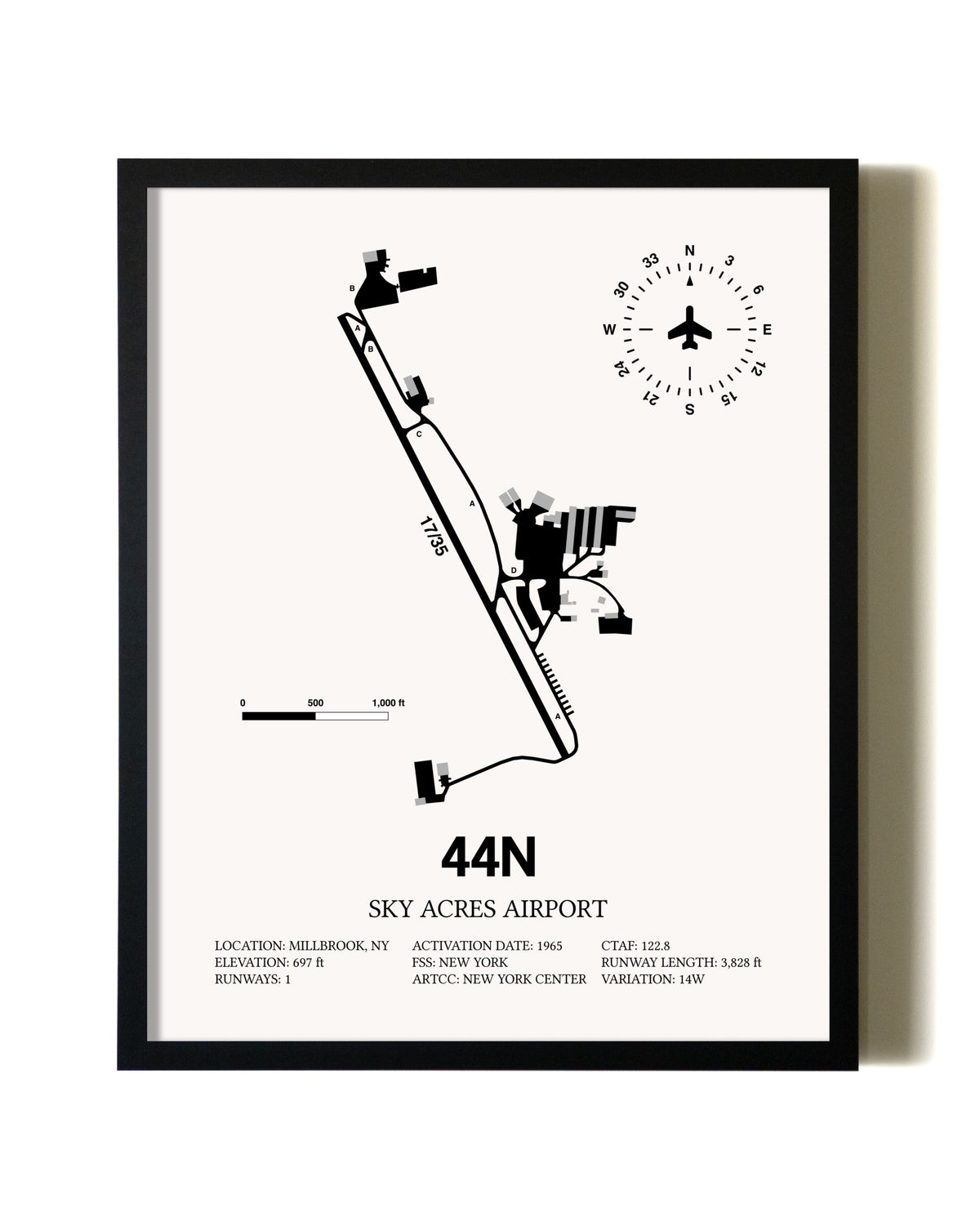 Framed Sky Acres Airport wall art poster in black frame