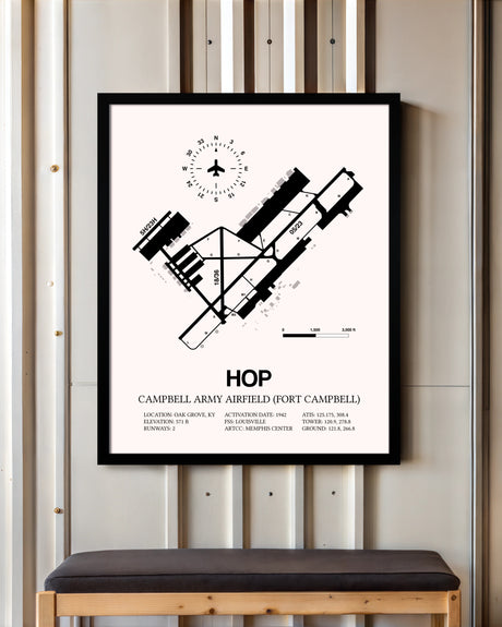 Campbell Army Airfield (Fort Campbell) framed poster displayed in an airplane hangar