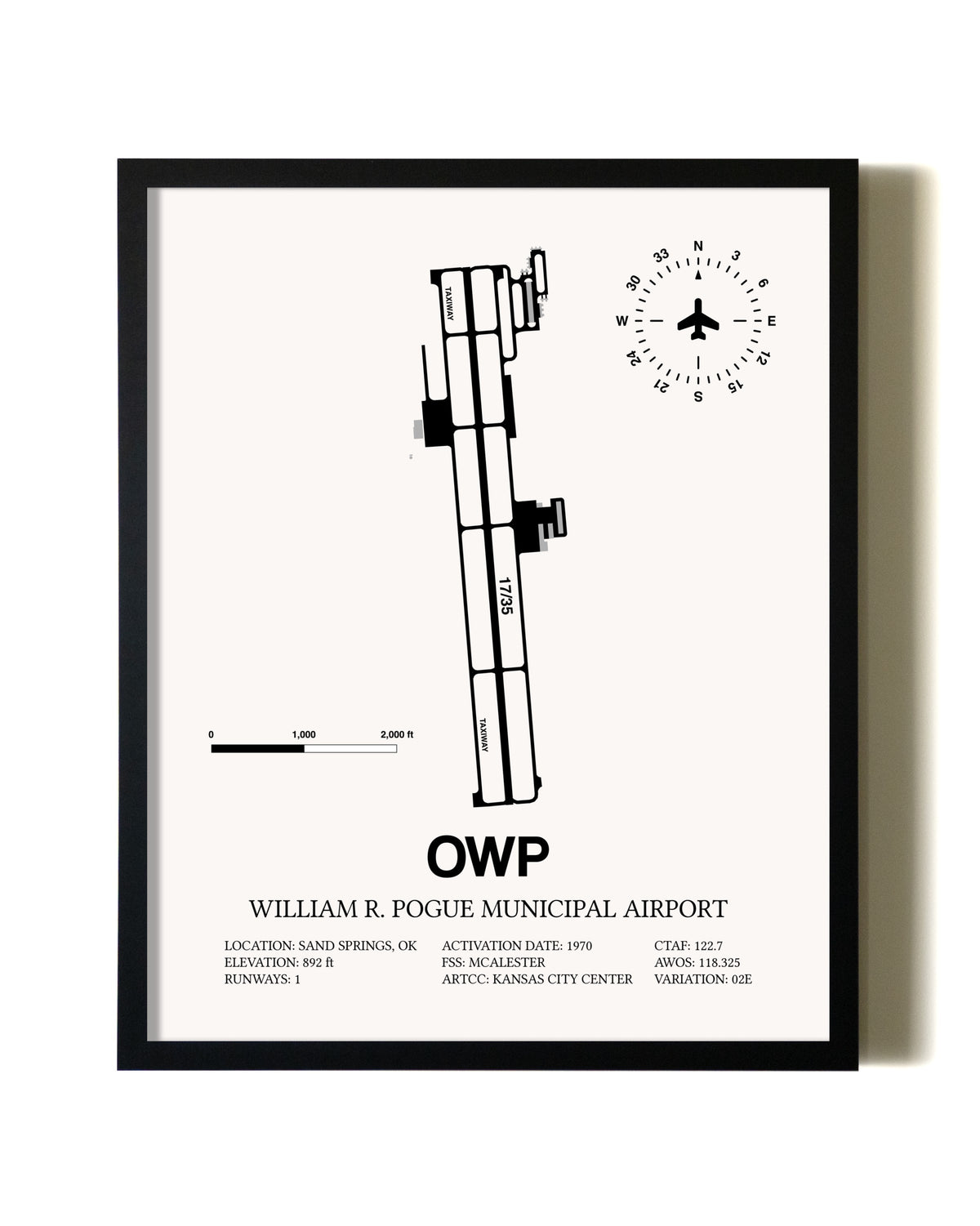 Framed William R. Pogue Municipal Airport wall art poster in black frame