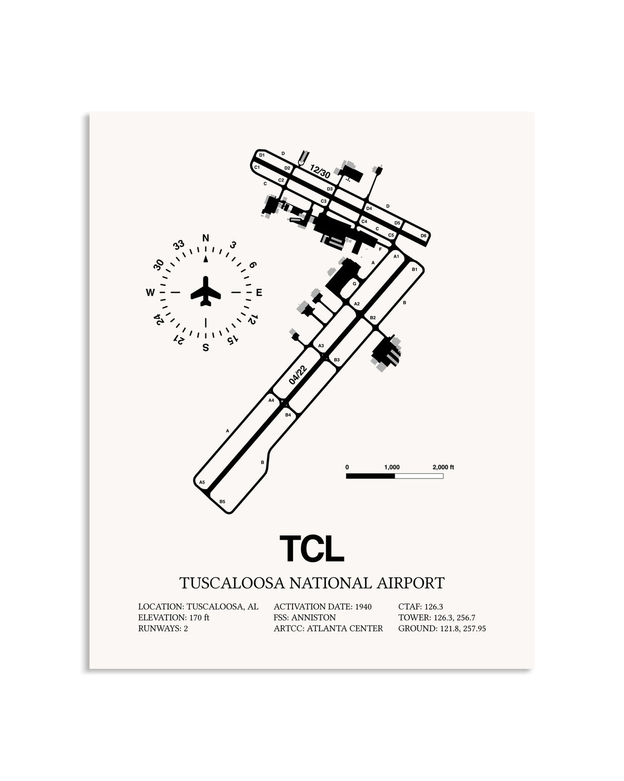 Gray Tuscaloosa National Airport framed poster displayed in an airplane hangar