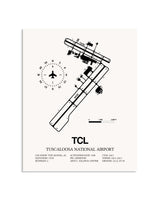 Gray Tuscaloosa National Airport framed poster displayed in an airplane hangar