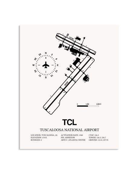 Gray Tuscaloosa National Airport framed poster displayed in an airplane hangar