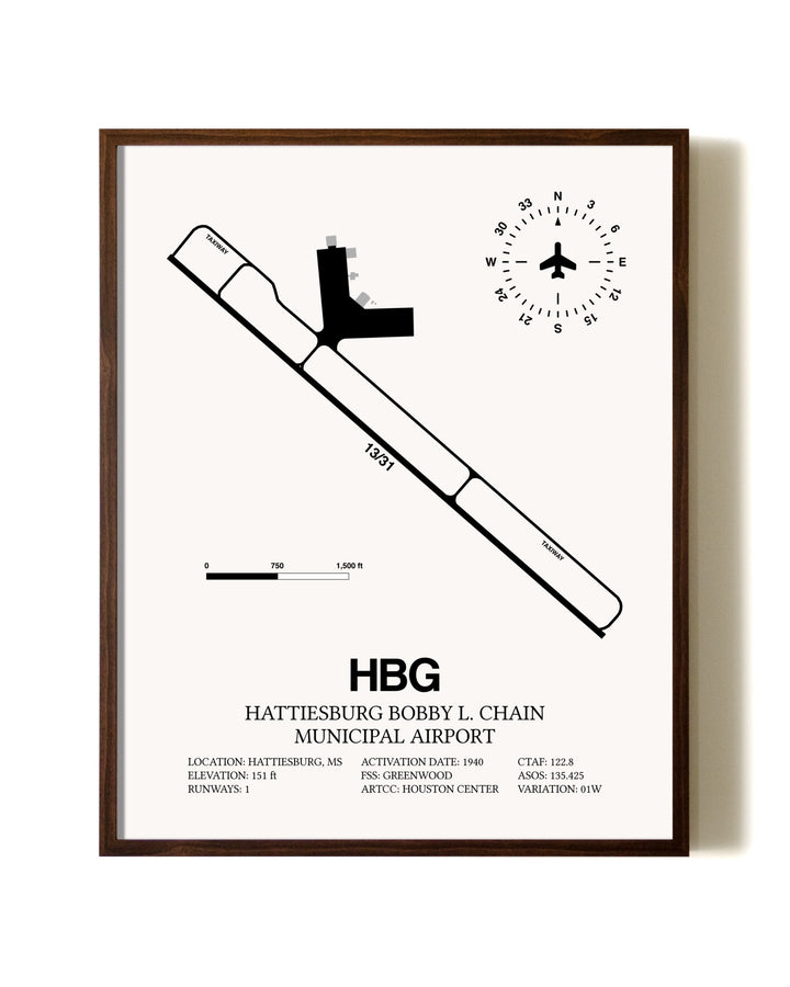 Hattiesburg Bobby L. Chain Municipal Airport aviation print in walnut frame
