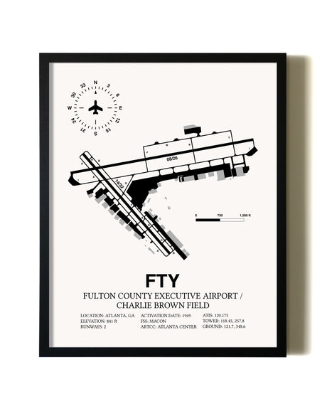 Framed Fulton County Executive Airport / Charlie Brown Field wall art poster in black frame