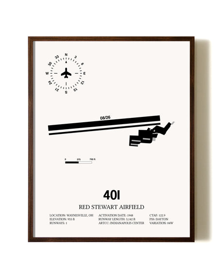 Red Stewart Airfield aviation print in walnut frame