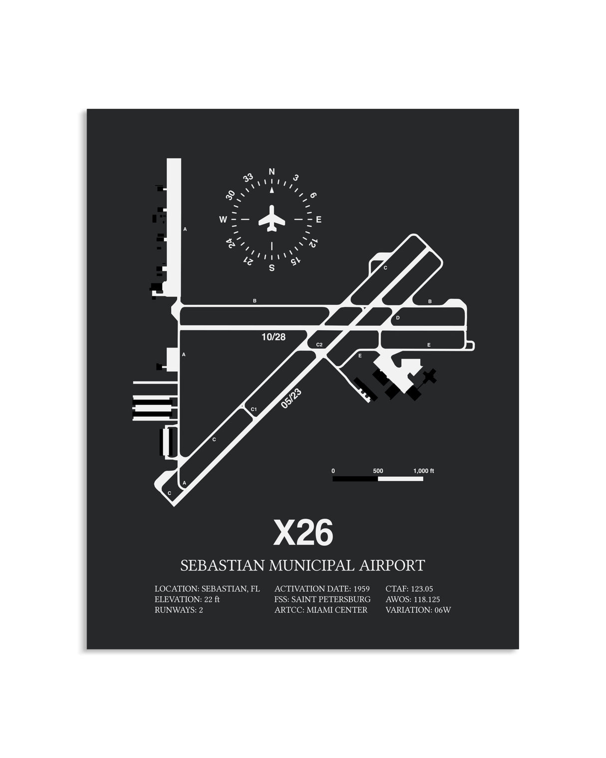 Gray Framed Sebastian Municipal Airport layout wall art poster