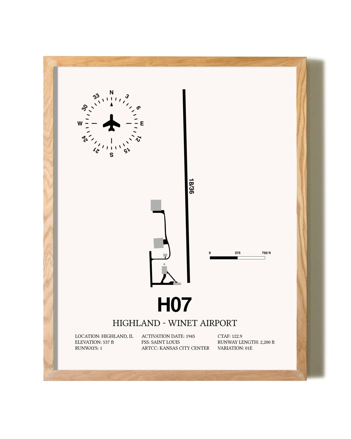 Highland-Winet Airport framed print in natural wood frame