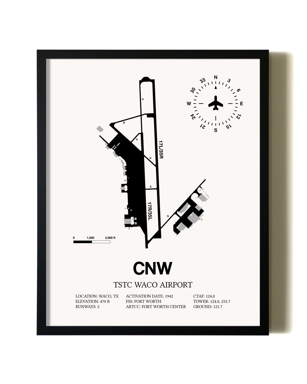 Framed TSTC Waco Airport wall art poster in black frame