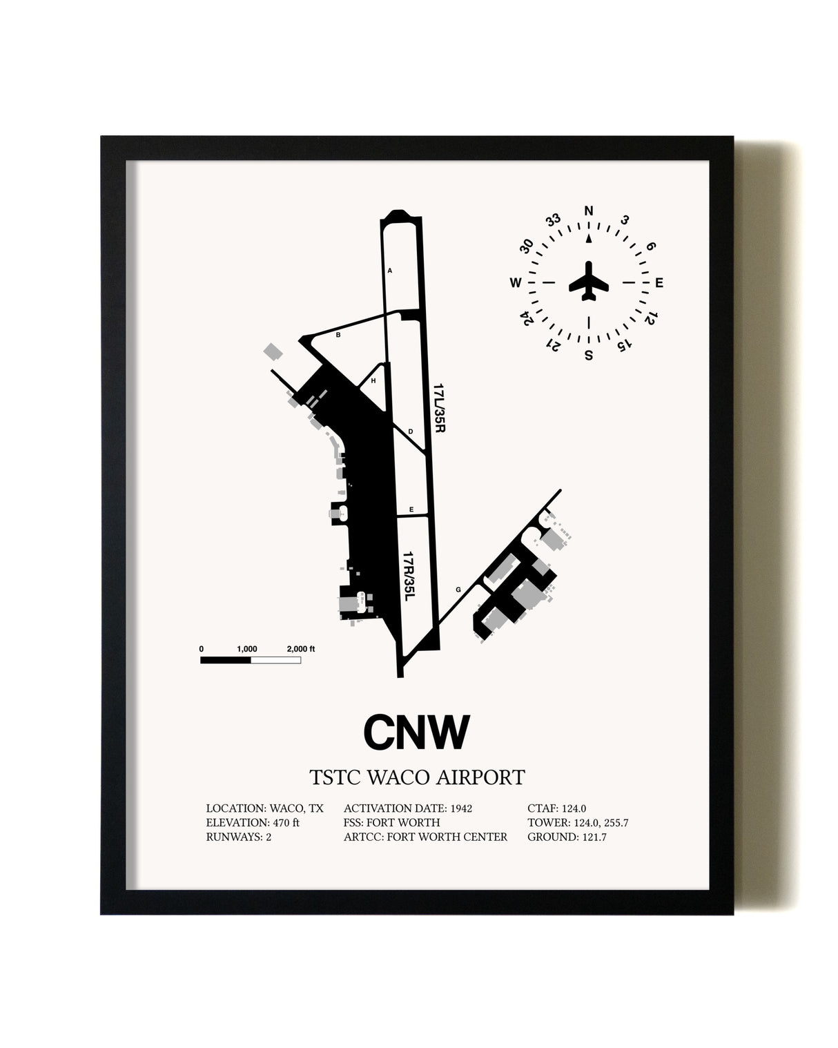Framed TSTC Waco Airport wall art poster in black frame