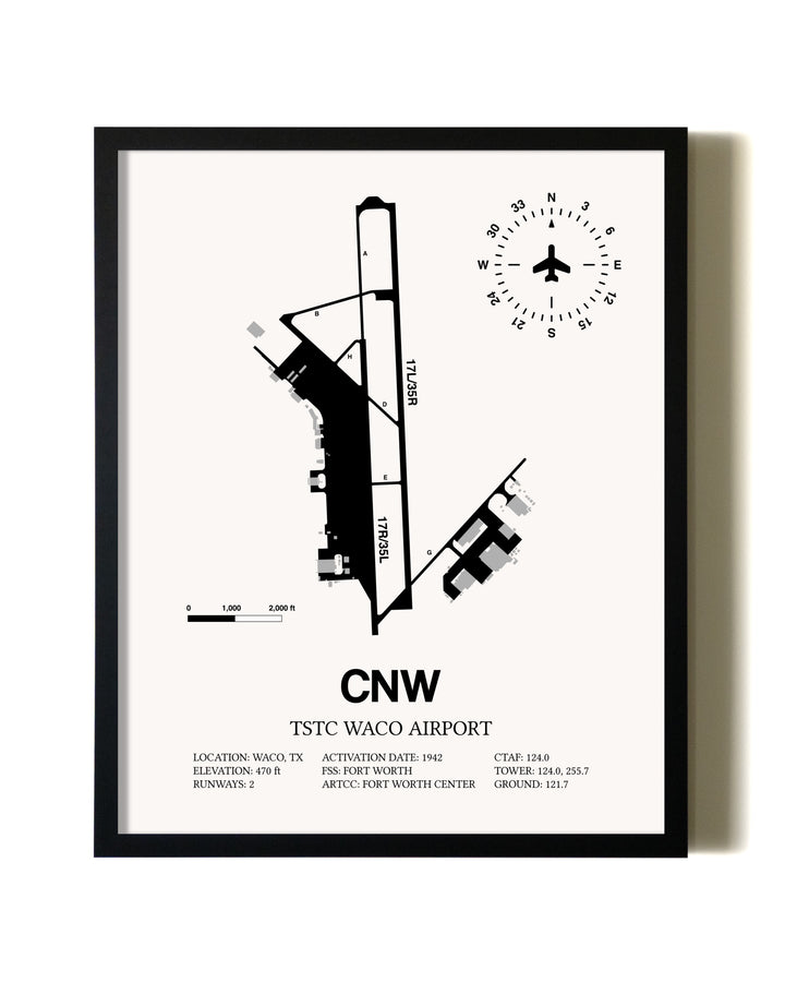 Framed TSTC Waco Airport wall art poster in black frame