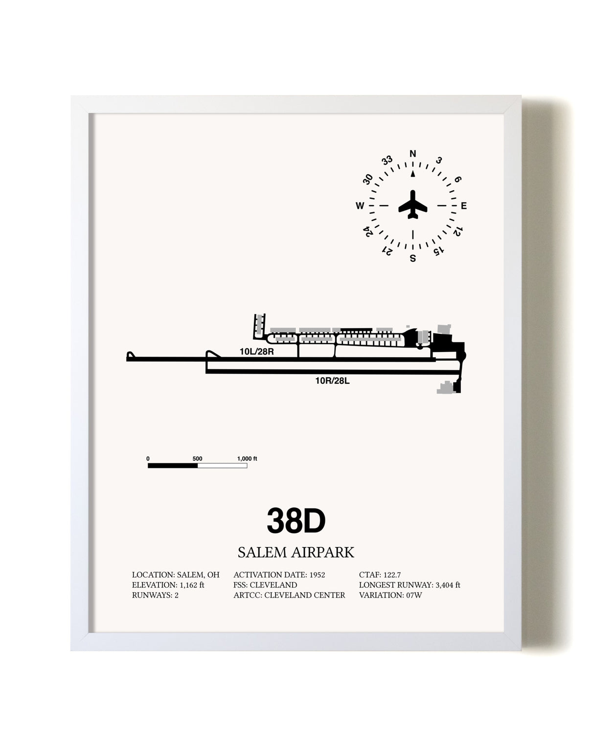 Salem Airpark airport map poster in oak frame