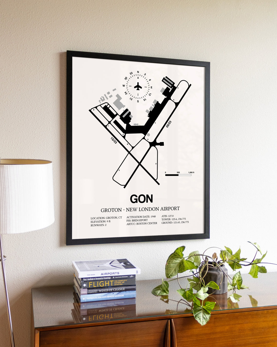 Groton-New London Airport aviation wall décor in black wood frame