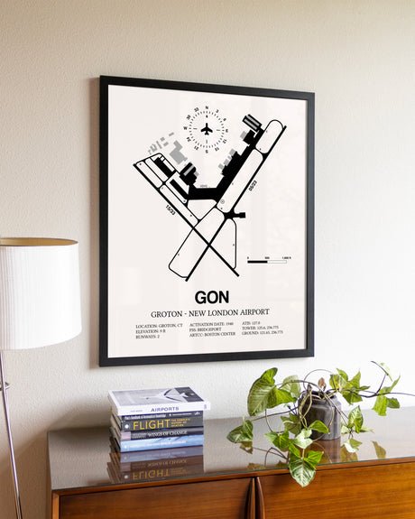 Groton-New London Airport aviation wall décor in black wood frame