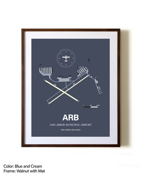 Ann Arbor Municipal Airport aviation print in walnut frame with mat
