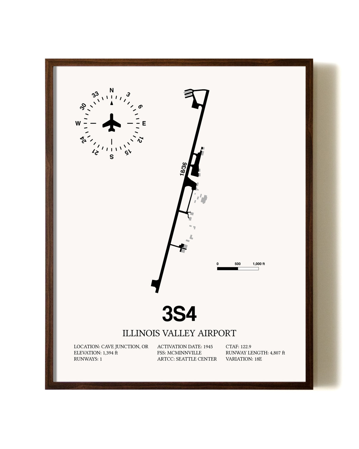 Illinois Valley Airport aviation print in walnut frame
