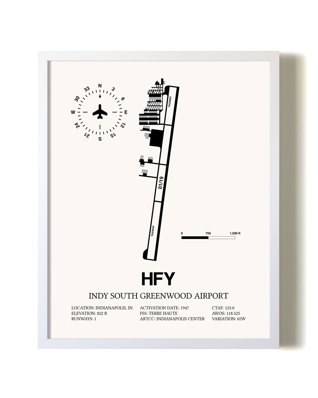 Indy South Greenwood Airport airport map poster in oak frame