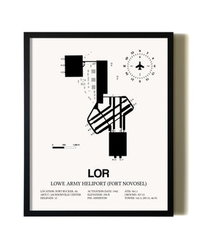 Framed Lowe Army Heliport (Fort Novosel) wall art poster in black frame