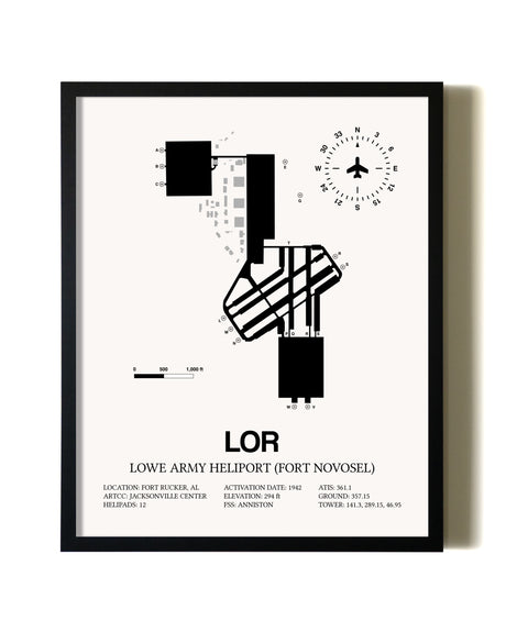 Framed Lowe Army Heliport (Fort Novosel) wall art poster in black frame