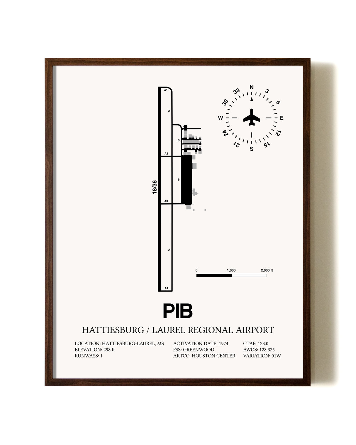 Hattiesburg / Laurel Regional Airport aviation print in walnut frame