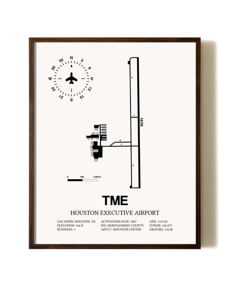 Houston Executive Airport aviation print in walnut frame