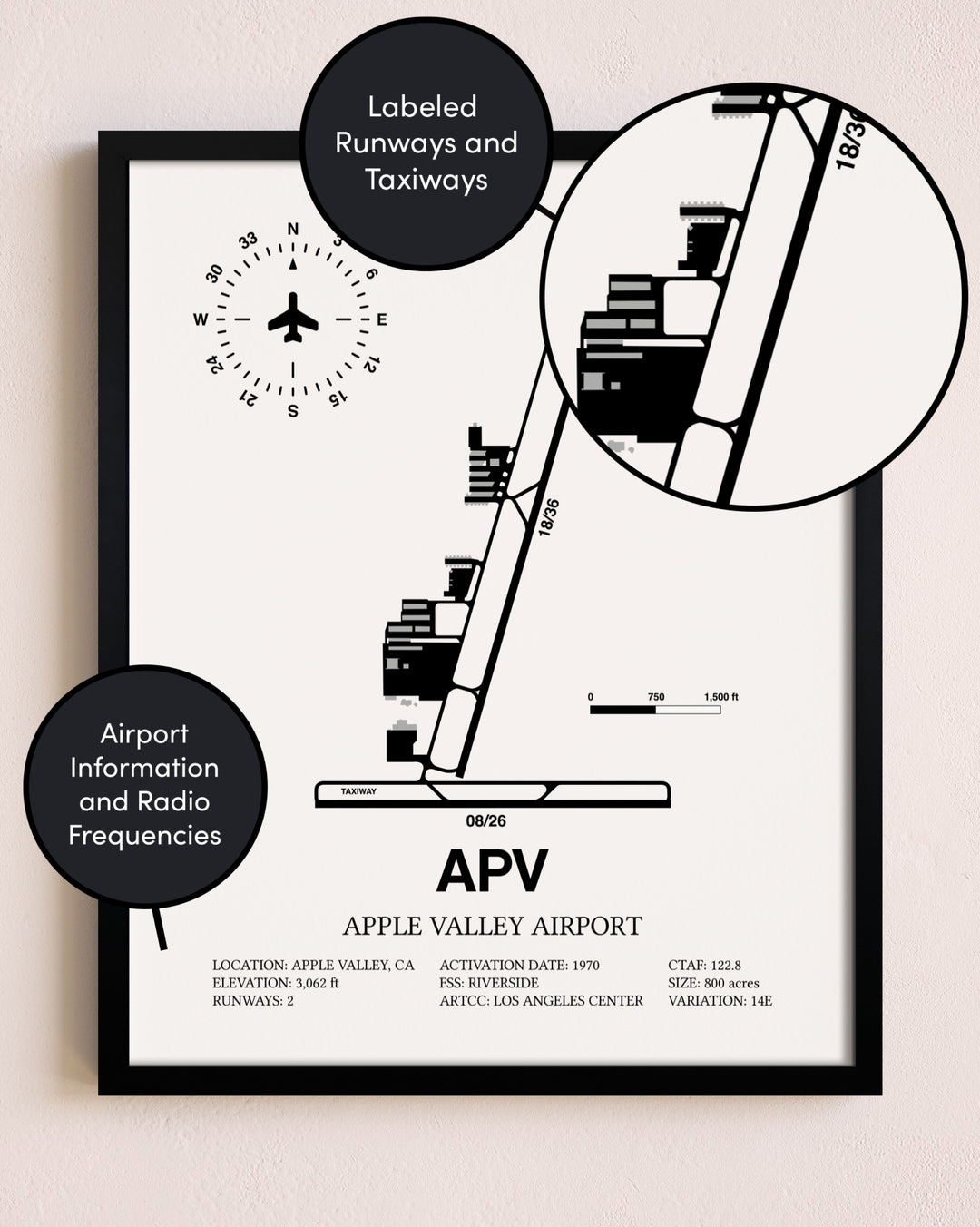 Framed Apple Valley Airport layout wall art poster