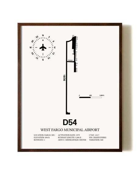West Fargo Municipal Airport aviation print in walnut frame