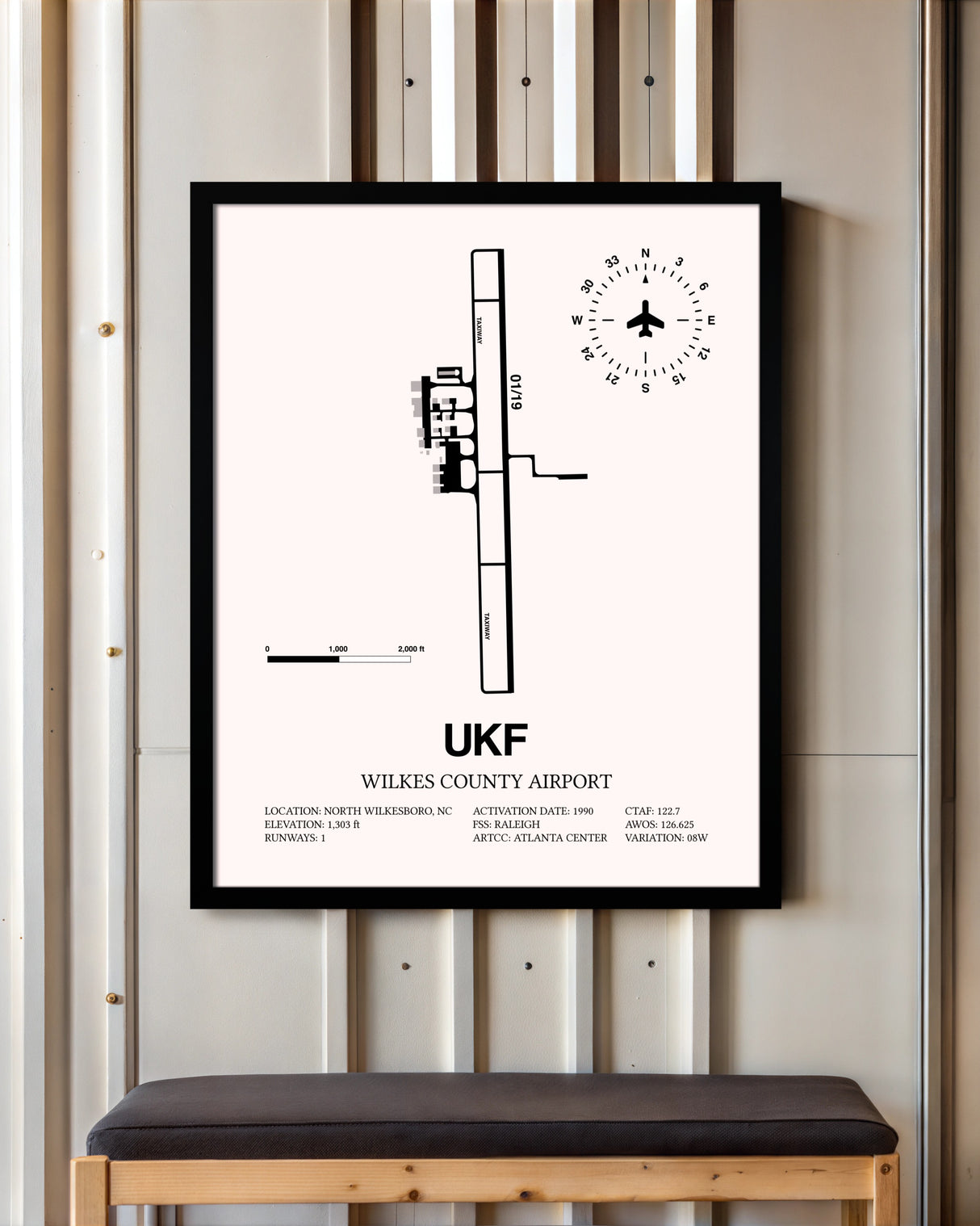 Wilkes County Airport framed poster displayed in an airplane hangar