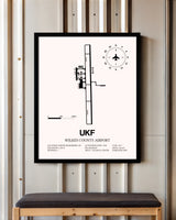 Wilkes County Airport framed poster displayed in an airplane hangar