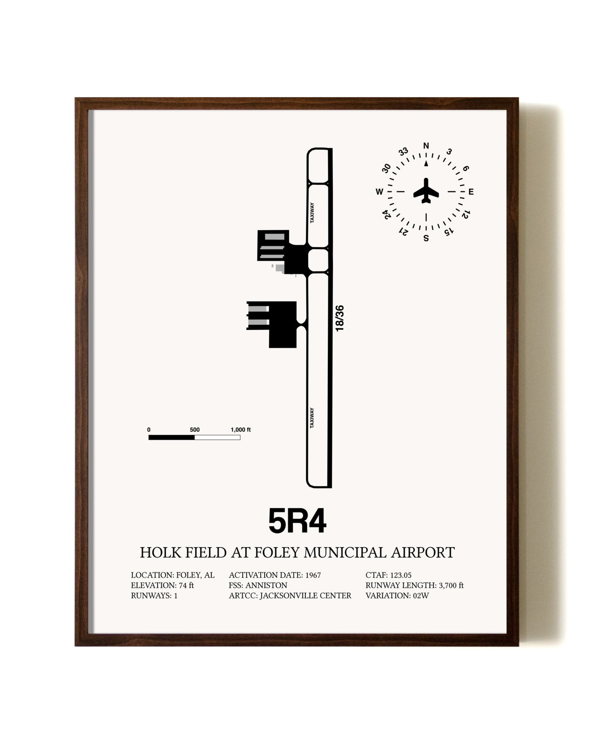 Holk Field at Foley Municipal Airport aviation print in walnut frame