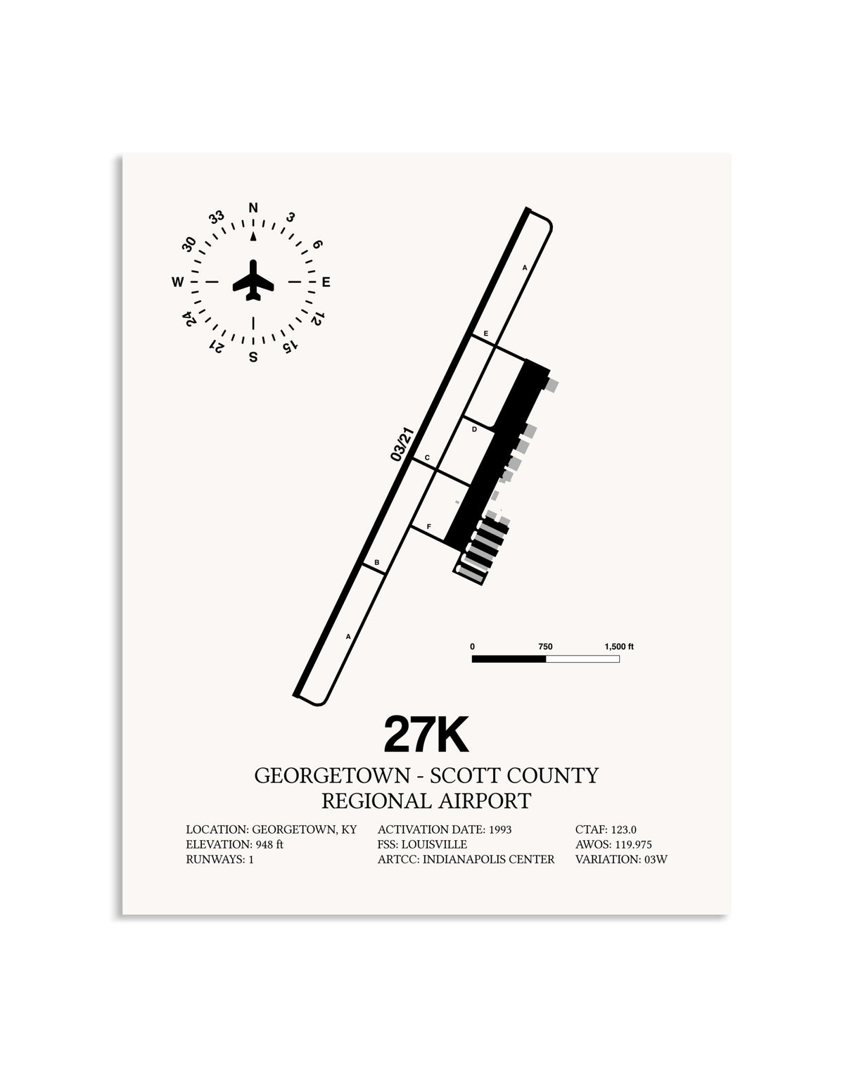 Gray Georgetown - Scott County Regional Airport framed poster displayed in an airplane hangar