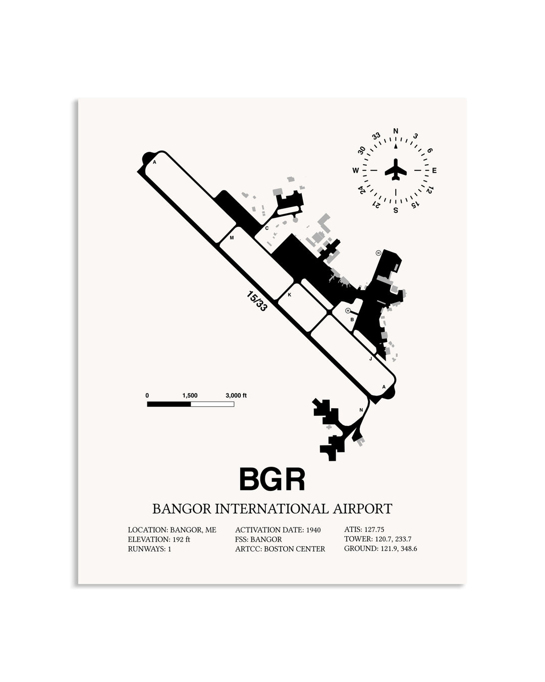 Gray Bangor International Airport framed poster displayed in an airplane hangar