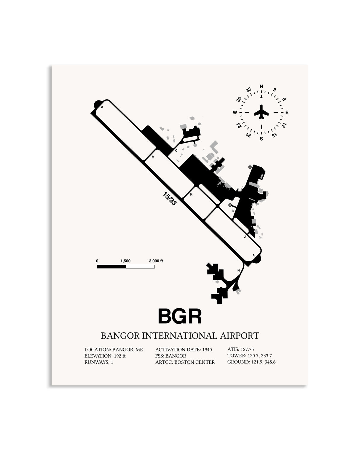 Gray Bangor International Airport framed poster displayed in an airplane hangar
