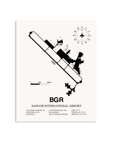 Gray Bangor International Airport framed poster displayed in an airplane hangar