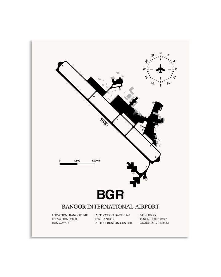 Gray Bangor International Airport framed poster displayed in an airplane hangar