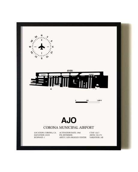 Framed Corona Municipal Airport wall art poster in black frame