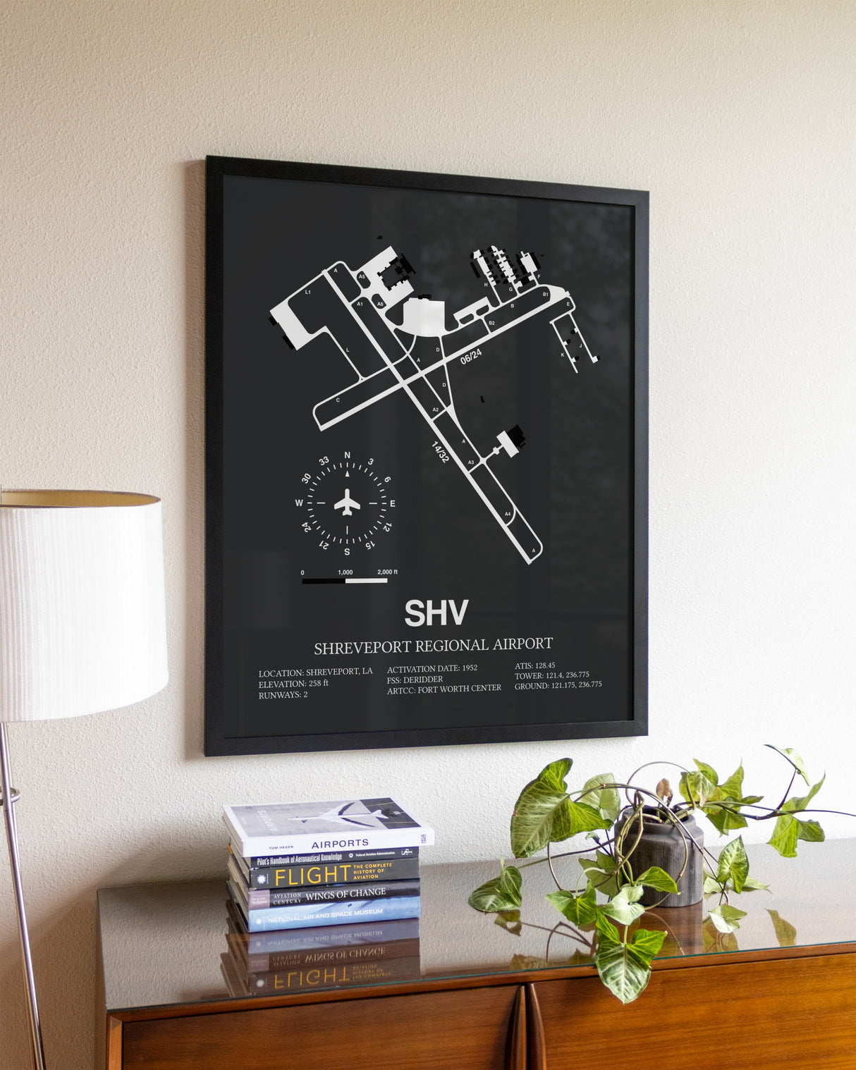 Gray Framed Shreveport Regional Airport wall art poster in black frame
