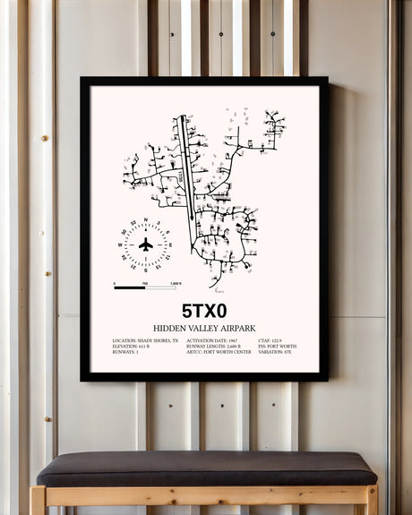 Hidden Valley Airpark framed poster displayed in an airplane hangar