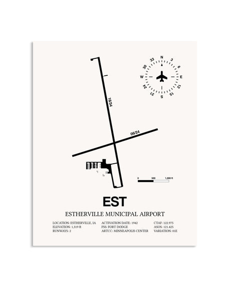 Gray Estherville Municipal Airport framed poster displayed in an airplane hangar