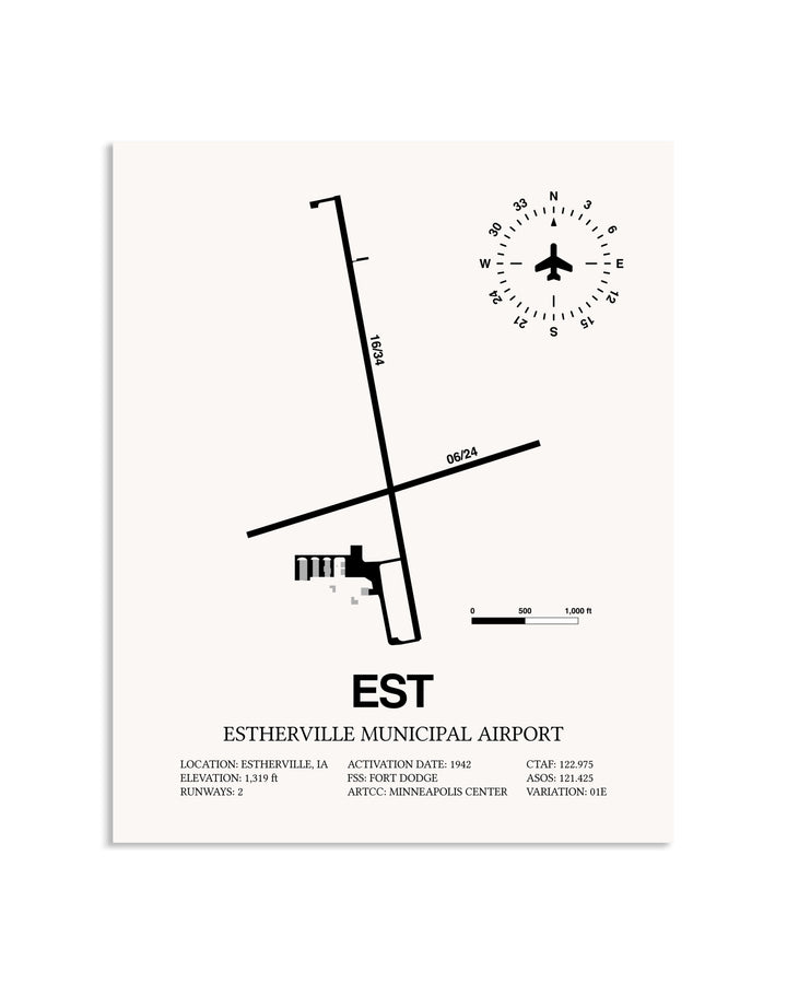 Gray Estherville Municipal Airport framed poster displayed in an airplane hangar