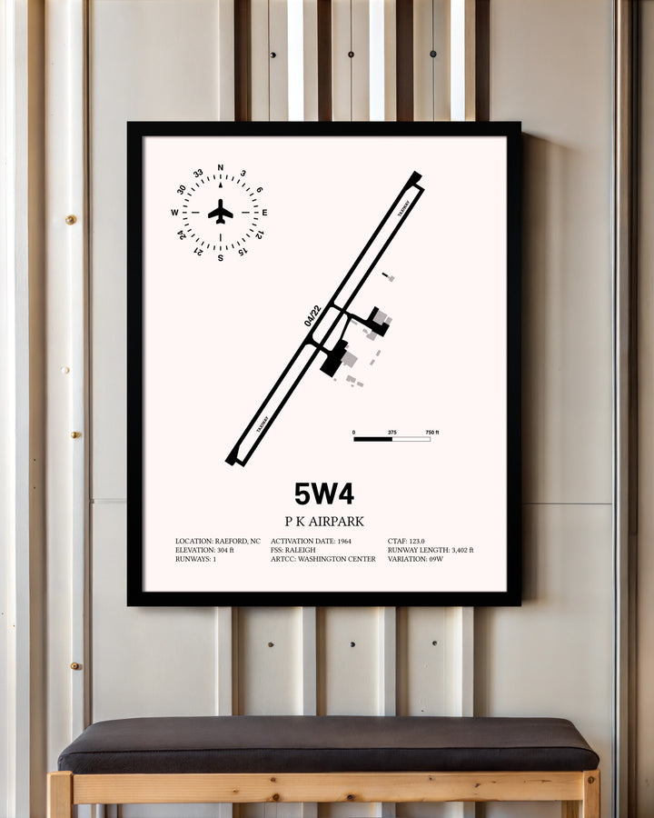 P K Airpark framed poster displayed in an airplane hangar