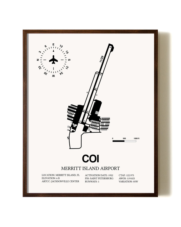 Merritt Island Airport aviation print in walnut frame